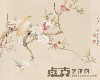 张守成 粉桃黄雀 镜心 42×33cm